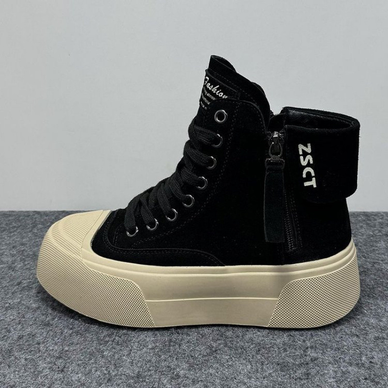 Pantofi sport femei înalți cu căptușeală din blană, model color-block, vârf rotund, talpă groasă din cauciuc, branț PU