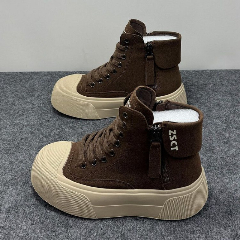 Pantofi sport femei înalți cu căptușeală din blană, model color-block, vârf rotund, talpă groasă din cauciuc, branț PU