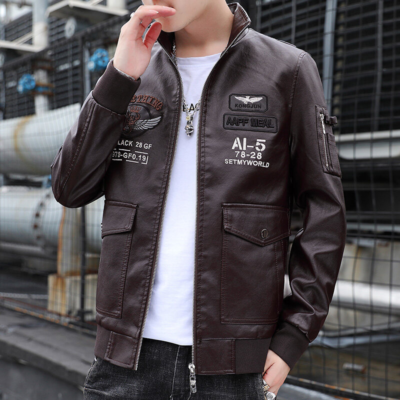 Ανδρικό δερμάτινο μπουφάν - Κορεάτικο στυλ, PU δέρμα, κέντημα τζακάρντ, ευρύχωρη γραμμή, φερμουάρ.