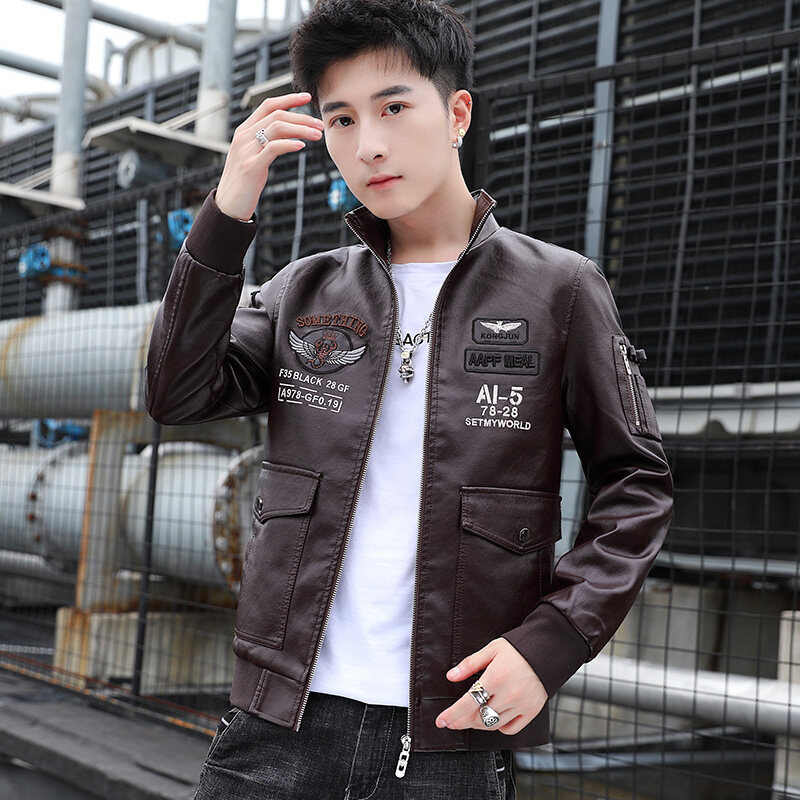 Ανδρικό δερμάτινο μπουφάν - Κορεάτικο στυλ, PU δέρμα, κέντημα τζακάρντ, ευρύχωρη γραμμή, φερμουάρ.