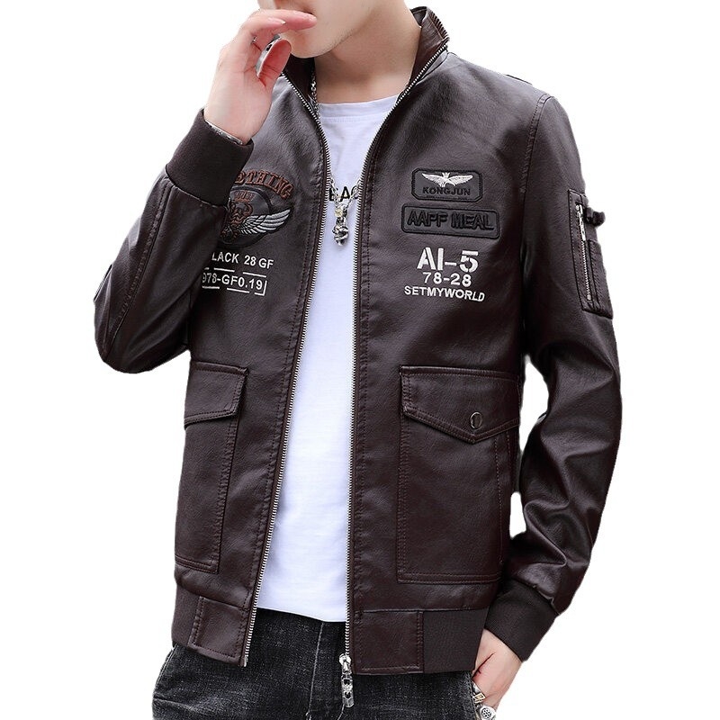 Ανδρικό δερμάτινο μπουφάν - Κορεάτικο στυλ, PU δέρμα, κέντημα τζακάρντ, ευρύχωρη γραμμή, φερμουάρ.