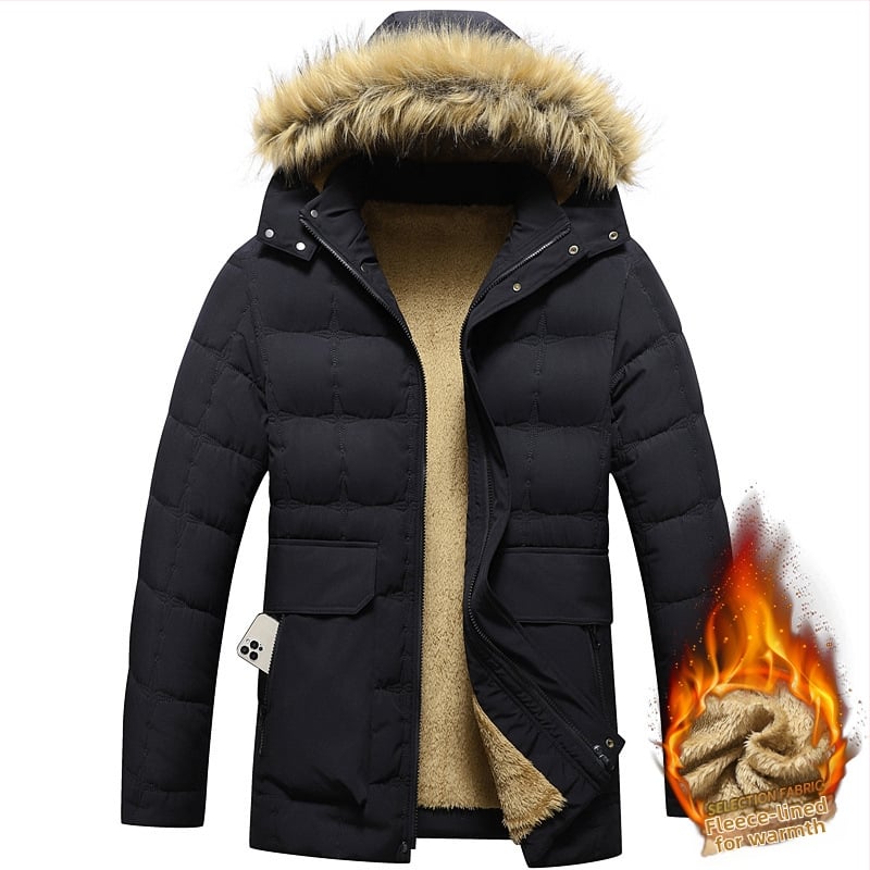 Ανδρικό χειμερινό μπουφάν με γέμισμα πολυεστερικού, παχύ, κουκούλα, φερμουάρ, εξωτερικό ύφασμα corduroy, βασικό ύφασμα: μαλλί, επένδυση: λινό, πολλαπλές τσέπες, για ενήλικες μεσαίας ηλικίας