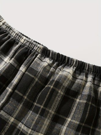 Ανδρικό καρό σετ πιτζάμας με γιακά τύπου λαπέλ, μακριά μανίκια, άνετη χαλαρή εφαρμογή, πολυεστερ-βαμβάκι μίγμα