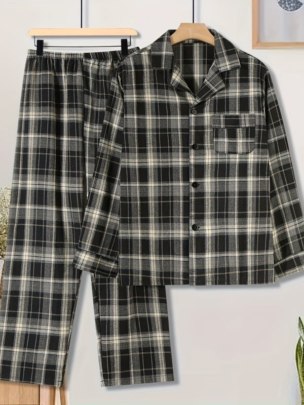 Set de pijamale bărbați în carouri, guler tip Lapel, mâneci lungi, croială lejeră, poliester-bumbac