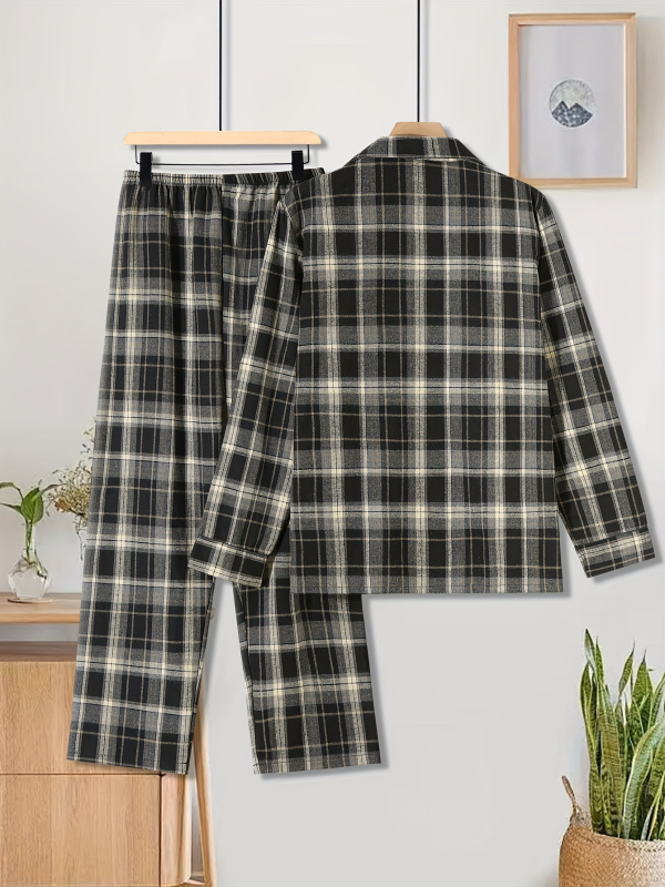 Set de pijamale bărbați în carouri, guler tip Lapel, mâneci lungi, croială lejeră, poliester-bumbac
