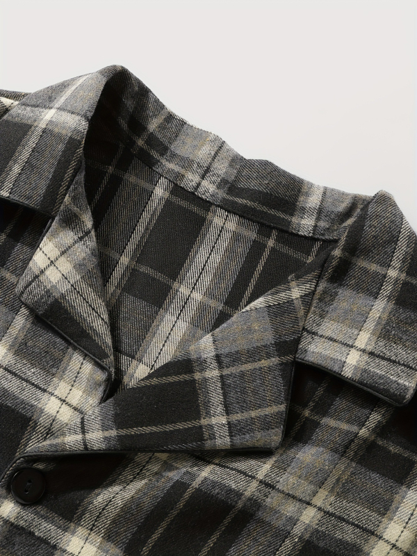 Set de pijamale bărbați în carouri, guler tip Lapel, mâneci lungi, croială lejeră, poliester-bumbac