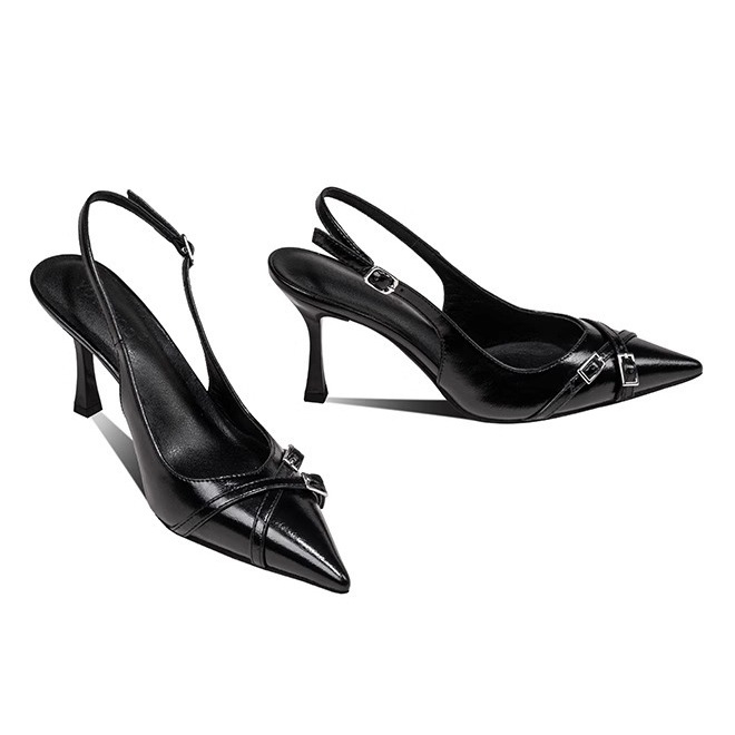 Vienų dirželių sandalės, aštriu nosimi, Koreėjos stiliaus, viršus ir vidus iš super pluošto, gumine padas, užsegimas vienu sagteliu, pavasaris 2025