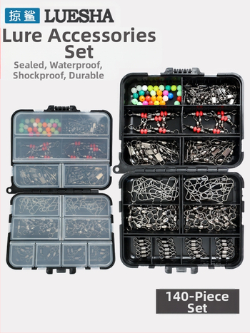 Mānekļu piederumu komplekts makšķerēšanai – 140 detaļas, pārnēsājama melna kaste (Swing Shark)