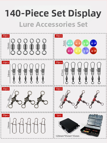 Mānekļu piederumu komplekts makšķerēšanai – 140 detaļas, pārnēsājama melna kaste (Swing Shark)