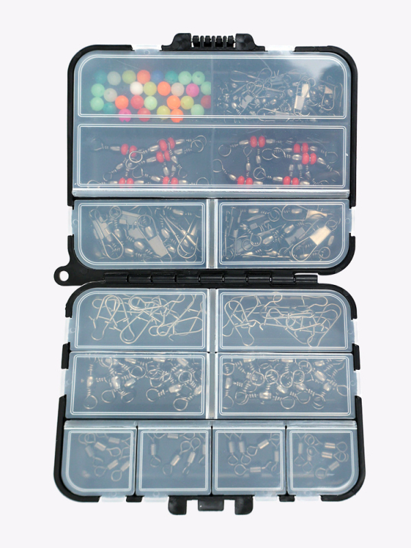 Mānekļu piederumu komplekts makšķerēšanai – 140 detaļas, pārnēsājama melna kaste (Swing Shark)