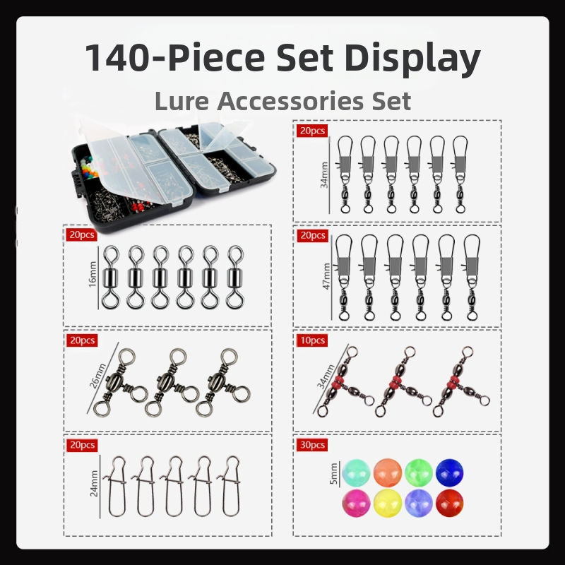 Mānekļu piederumu komplekts makšķerēšanai – 140 detaļas, pārnēsājama melna kaste (Swing Shark)