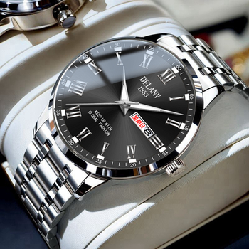 Ανδρικό ρολόι μόδας με κίνηση Quartz, φωτεινός καντράν, ημερολόγιο και ένδειξη ημέρας, αδιάβροχο μέχρι 30 μέτρα