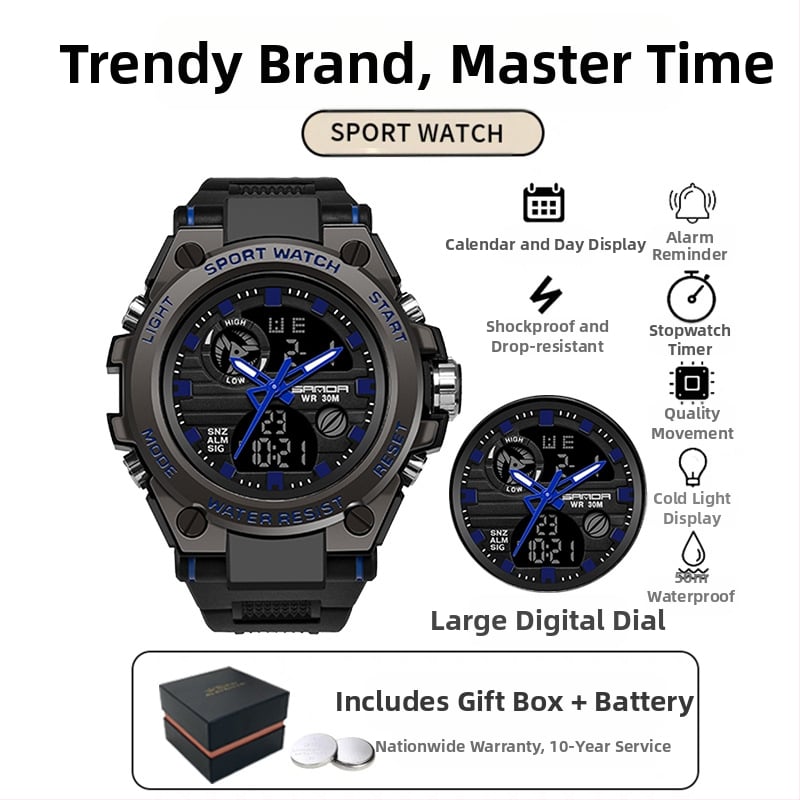 Мъжки многофункционален спортен часовник за открито – луминесцентен, 50m водоустойчив, електронно движение (японски, 2016), дисплей: стрелки + цифри, аларма