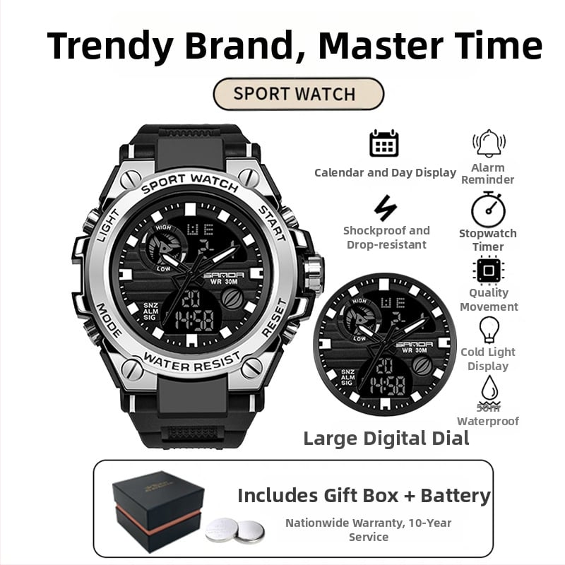 Мъжки многофункционален спортен часовник за открито – луминесцентен, 50m водоустойчив, електронно движение (японски, 2016), дисплей: стрелки + цифри, аларма