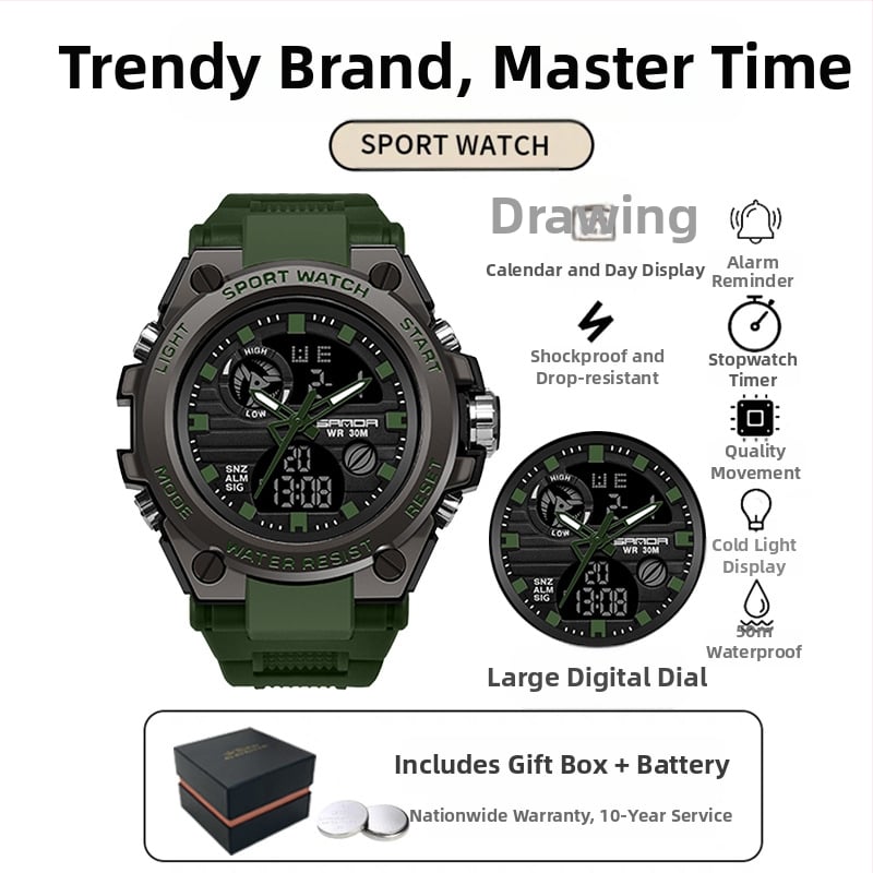 Мъжки многофункционален спортен часовник за открито – луминесцентен, 50m водоустойчив, електронно движение (японски, 2016), дисплей: стрелки + цифри, аларма