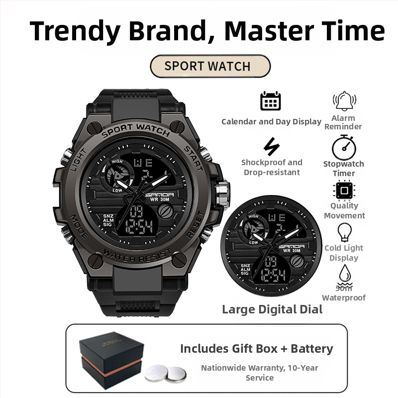 Мъжки многофункционален спортен часовник за открито – луминесцентен, 50m водоустойчив, електронно движение (японски, 2016), дисплей: стрелки + цифри, аларма