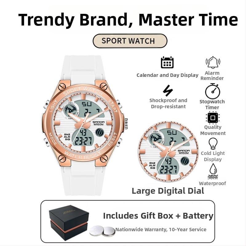 Мъжки многофункционален спортен часовник за открито – луминесцентен, 50m водоустойчив, електронно движение (японски, 2016), дисплей: стрелки + цифри, аларма