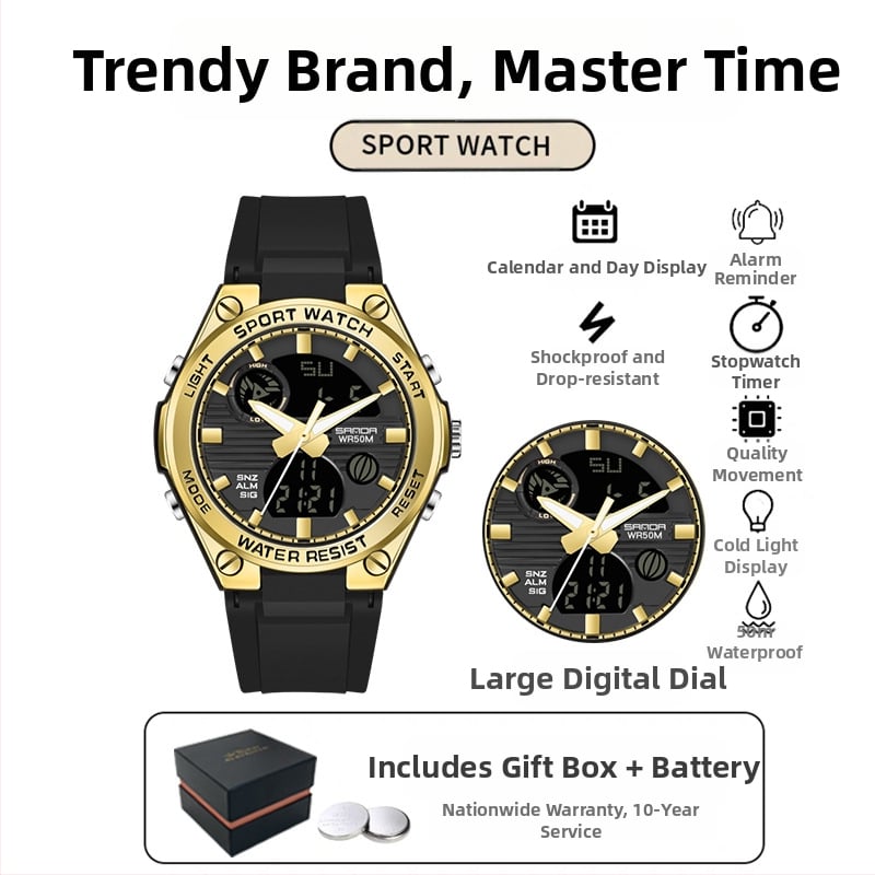 Мъжки многофункционален спортен часовник за открито – луминесцентен, 50m водоустойчив, електронно движение (японски, 2016), дисплей: стрелки + цифри, аларма