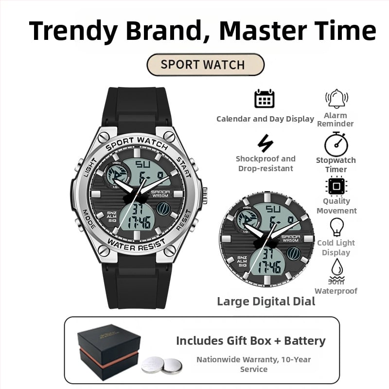 Мъжки многофункционален спортен часовник за открито – луминесцентен, 50m водоустойчив, електронно движение (японски, 2016), дисплей: стрелки + цифри, аларма