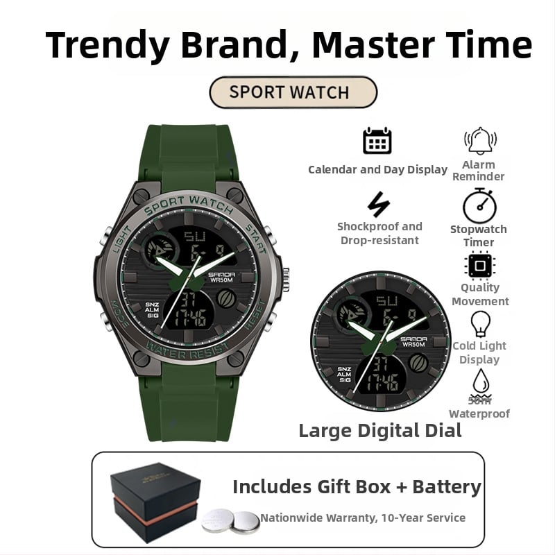 Мъжки многофункционален спортен часовник за открито – луминесцентен, 50m водоустойчив, електронно движение (японски, 2016), дисплей: стрелки + цифри, аларма
