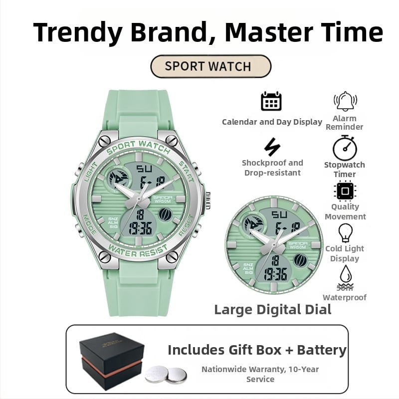 Мъжки многофункционален спортен часовник за открито – луминесцентен, 50m водоустойчив, електронно движение (японски, 2016), дисплей: стрелки + цифри, аларма