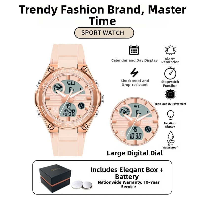 Мъжки многофункционален спортен часовник за открито – луминесцентен, 50m водоустойчив, електронно движение (японски, 2016), дисплей: стрелки + цифри, аларма