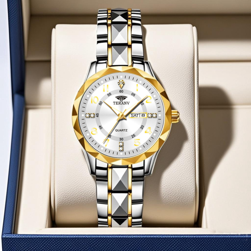 Naiselik kell romba kujulises iir, topelt kalender, kvarts liikumine, 30M veekindlus, diali diameeter 29 mm, korpus sulamist