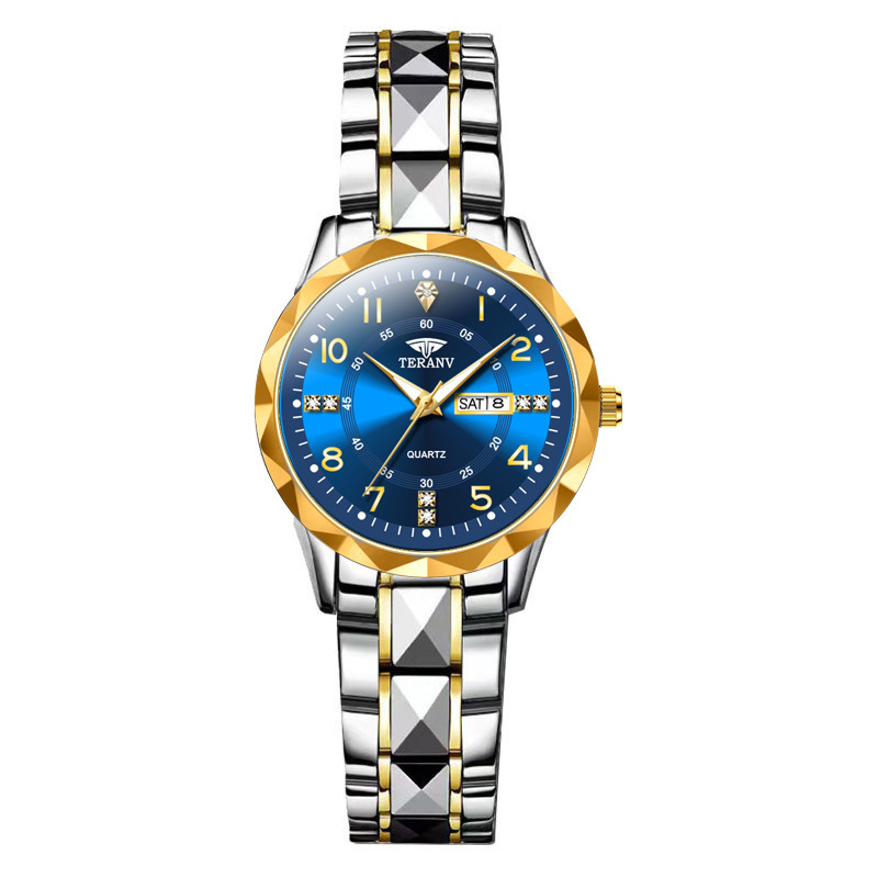 Naiselik kell romba kujulises iir, topelt kalender, kvarts liikumine, 30M veekindlus, diali diameeter 29 mm, korpus sulamist