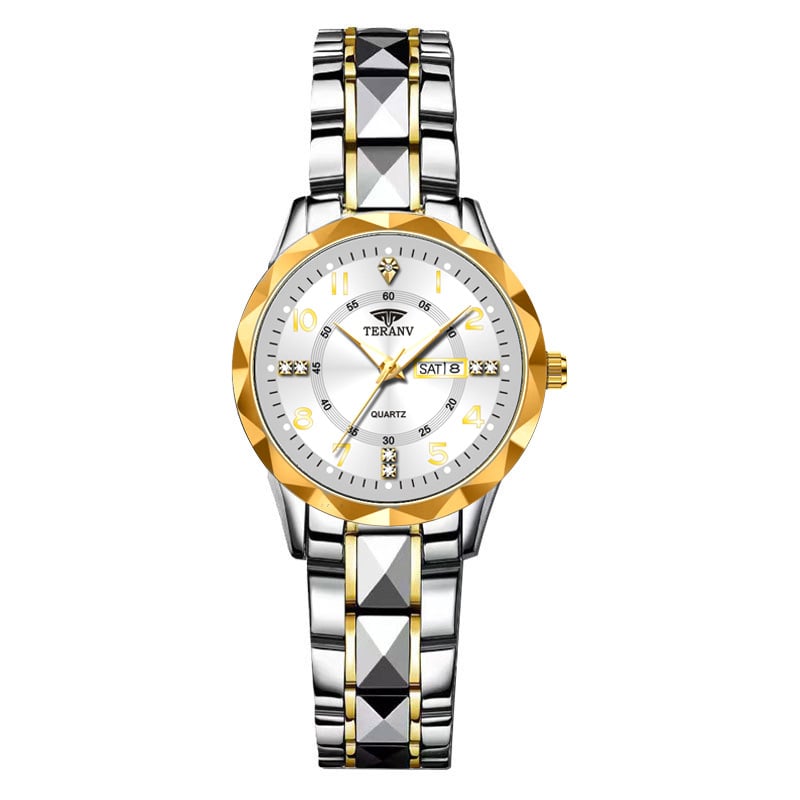 Naiselik kell romba kujulises iir, topelt kalender, kvarts liikumine, 30M veekindlus, diali diameeter 29 mm, korpus sulamist