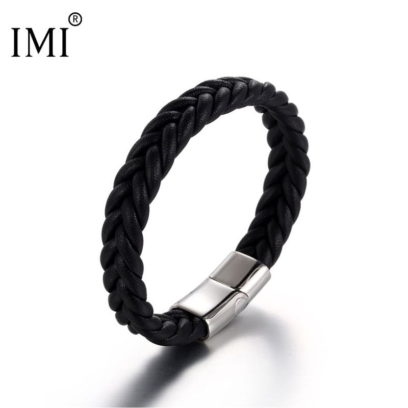 IMI гривна от кожено въже и титиева стомана, ръчна изработка, спортен стил, модел YL158