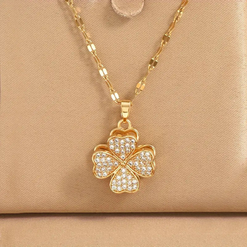 Κολιέ από χαλκό με ζιρκόν σε σχήμα τετράφυλλου φύλλου, περιστρεφόμενο κατά 360°, μήκος 41–50 cm, ηλεκτροπλατινωμένο