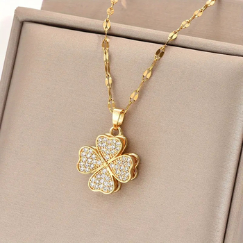 Κολιέ από χαλκό με ζιρκόν σε σχήμα τετράφυλλου φύλλου, περιστρεφόμενο κατά 360°, μήκος 41–50 cm, ηλεκτροπλατινωμένο