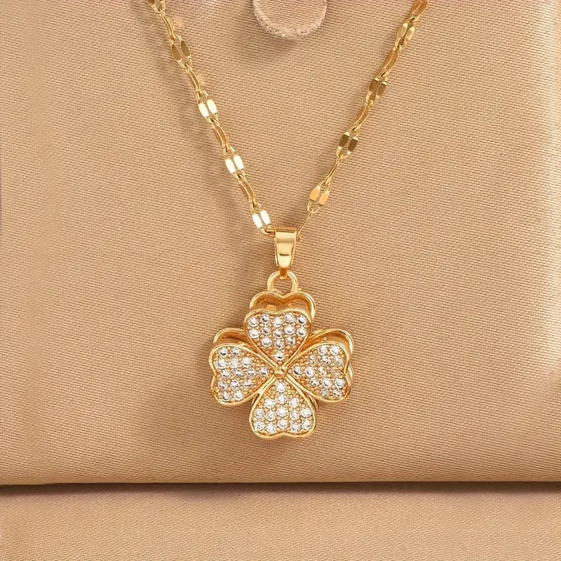 Κολιέ από χαλκό με ζιρκόν σε σχήμα τετράφυλλου φύλλου, περιστρεφόμενο κατά 360°, μήκος 41–50 cm, ηλεκτροπλατινωμένο