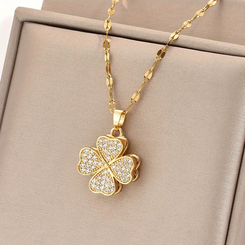 Κολιέ από χαλκό με ζιρκόν σε σχήμα τετράφυλλου φύλλου, περιστρεφόμενο κατά 360°, μήκος 41–50 cm, ηλεκτροπλατινωμένο