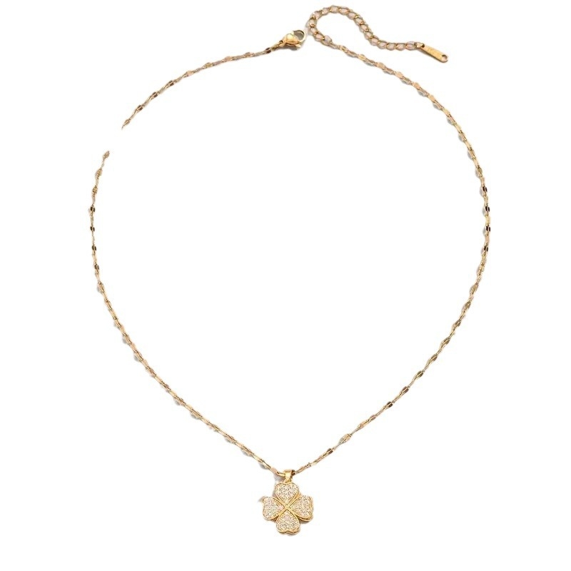 Κολιέ από χαλκό με ζιρκόν σε σχήμα τετράφυλλου φύλλου, περιστρεφόμενο κατά 360°, μήκος 41–50 cm, ηλεκτροπλατινωμένο