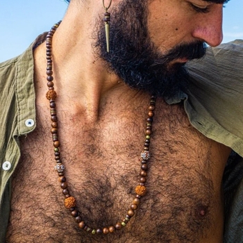 Ανδρικό κολιέ μποέμ στυλ με χάντρες από φλοιό καρύδας και ξύλινες χάντρες, γεωμετρικό κρεμαστό από κράμα, μακριά πολυεπίπεδη αλυσίδα τύπου Ο