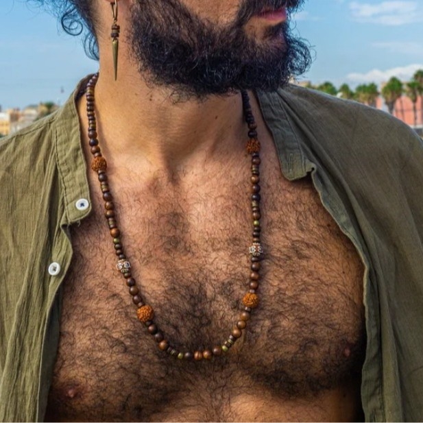 Ανδρικό κολιέ μποέμ στυλ με χάντρες από φλοιό καρύδας και ξύλινες χάντρες, γεωμετρικό κρεμαστό από κράμα, μακριά πολυεπίπεδη αλυσίδα τύπου Ο