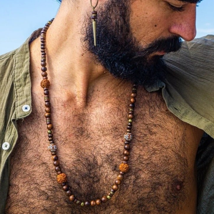 Ανδρικό κολιέ μποέμ στυλ με χάντρες από φλοιό καρύδας και ξύλινες χάντρες, γεωμετρικό κρεμαστό από κράμα, μακριά πολυεπίπεδη αλυσίδα τύπου Ο