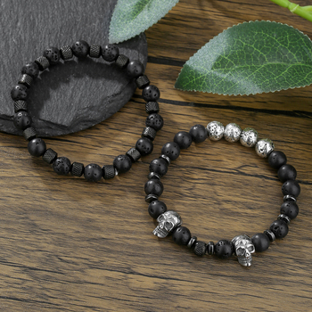 Narukvica s lubanjom od nehrđajućeg čelika i koralja vulkanskog kamena — ručna izrada, unisex geometrijski dizajn, stil internetske zvijezde