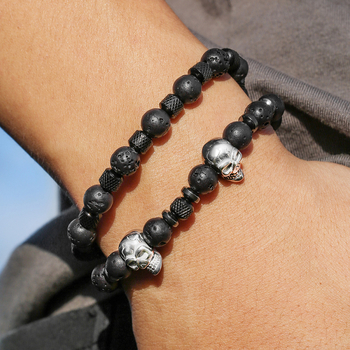 Narukvica s lubanjom od nehrđajućeg čelika i koralja vulkanskog kamena — ručna izrada, unisex geometrijski dizajn, stil internetske zvijezde