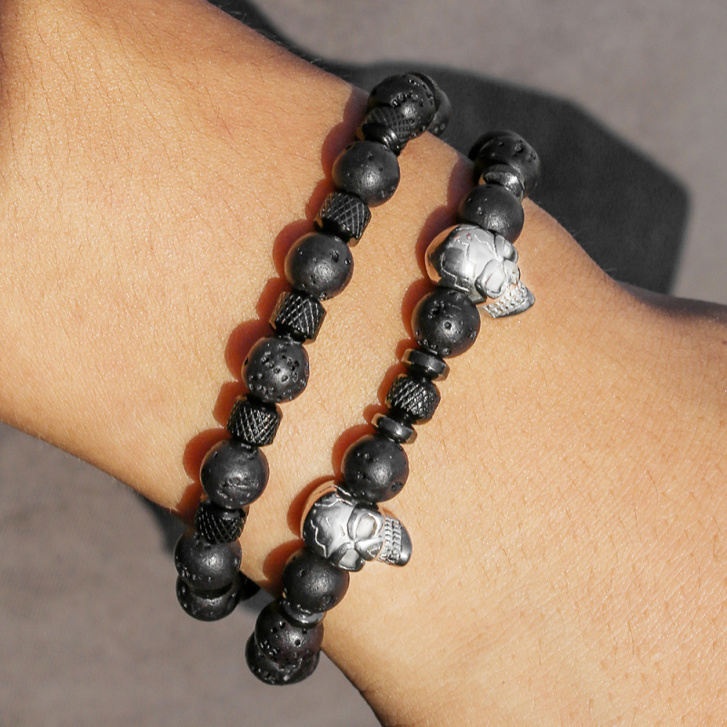 Narukvica s lubanjom od nehrđajućeg čelika i koralja vulkanskog kamena — ručna izrada, unisex geometrijski dizajn, stil internetske zvijezde