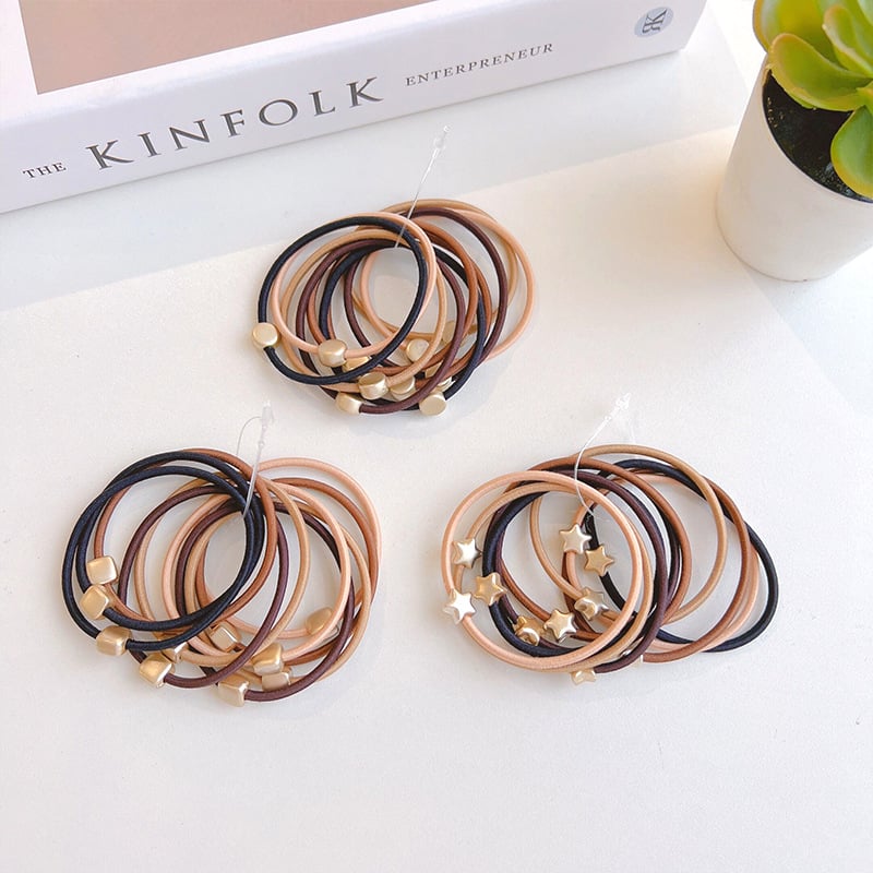 Σετ 10 λαστιχάκια μαλλιών, πολυεστέρας, χειροποίητα, ρετρό στυλ, υψηλή ελαστικότητα, σχήματα κύκλος, καρδιά, τετράγωνο