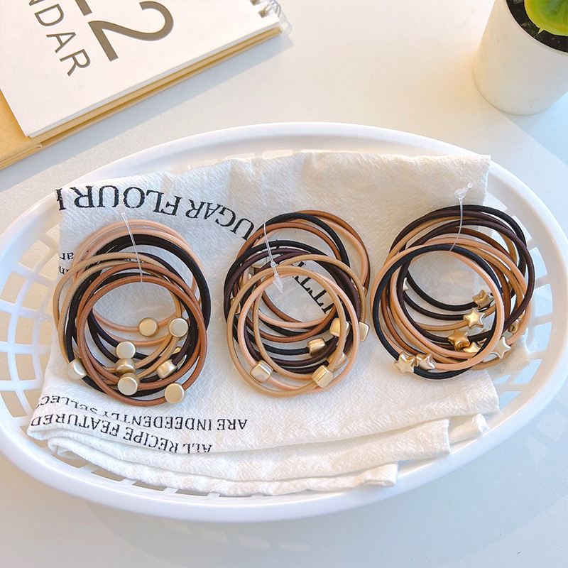 Σετ 10 λαστιχάκια μαλλιών, πολυεστέρας, χειροποίητα, ρετρό στυλ, υψηλή ελαστικότητα, σχήματα κύκλος, καρδιά, τετράγωνο