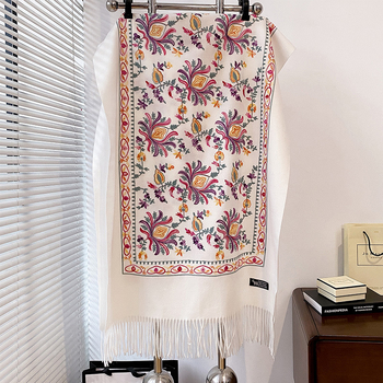 Šal s izvezenim resicama i završecima, warp pleteni, topao umjetni kašmir, poliester-pamut, vintage etnički stil, zima