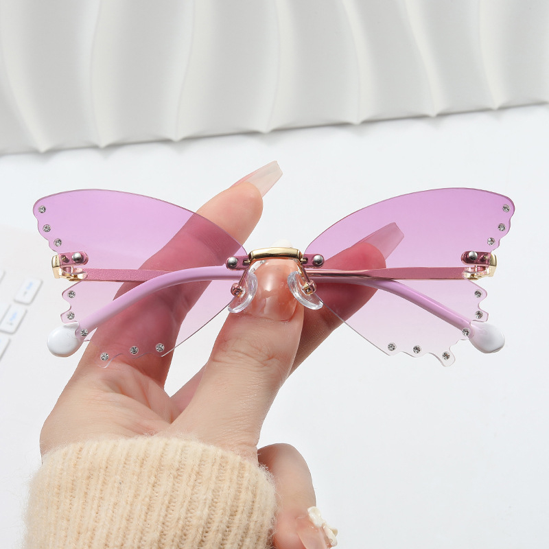 Παιδικά γυαλιά ηλίου χωρίς πλαίσιο, με μορφή πεταλούδας, διακριτικά διαμάντια, φακοί PC, UV400