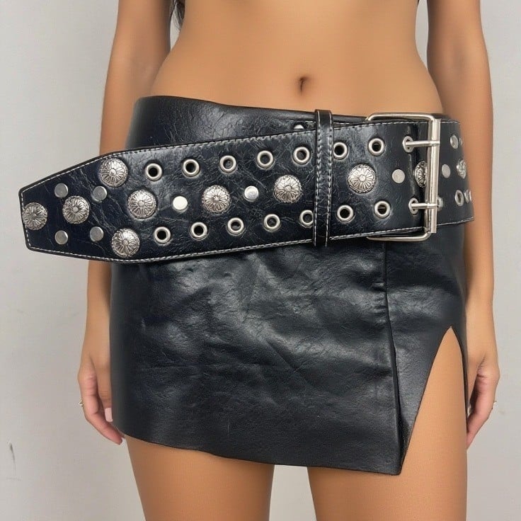 Mesterséges bőrből készült öv ötvözet csattal, tűs zárás, szélesség 2–4 cm, retro punk Y2K emo divat