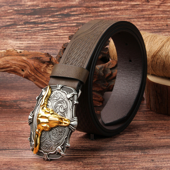 Ανδρική ζώνη PU δέρματος με αγκράφα από κράμα, λεία αγκράφα, πλάτος 2–4 cm, Taurus ανάγλυφο μότιβ, ρετρό δυτικό στυλ