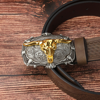 Ανδρική ζώνη PU δέρματος με αγκράφα από κράμα, λεία αγκράφα, πλάτος 2–4 cm, Taurus ανάγλυφο μότιβ, ρετρό δυτικό στυλ