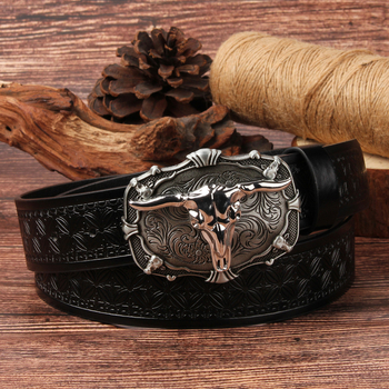 Ανδρική ζώνη PU δέρματος με αγκράφα από κράμα, λεία αγκράφα, πλάτος 2–4 cm, Taurus ανάγλυφο μότιβ, ρετρό δυτικό στυλ