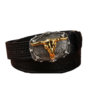 Ανδρική ζώνη PU δέρματος με αγκράφα από κράμα, λεία αγκράφα, πλάτος 2–4 cm, Taurus ανάγλυφο μότιβ, ρετρό δυτικό στυλ
